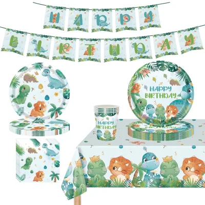 Modern New Watercolor Dinosaur Theme Disposable Biodegradable Tableware Set Including Paper Plate Paper Cup Towel Hot Stamping