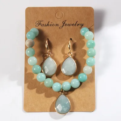 Anniversary Gift New Women Fashion Jewelry Set Card Packing 8mm Natural Stone Beaded Elastic Bracelet Earring Set
