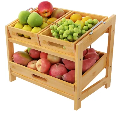 2 Tier Bamboo Fruit Basket for Kitchen Counter Wood Storage Rack