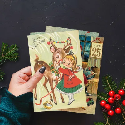 Merry Christmas Girl Elk 12pcs Retro Postcard Tableware Decoration for Christmas Parties