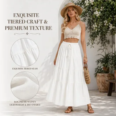 CHL Bohemian Layered Cake Midi Skirt Tiered a Line Flowy Summer Skirt for Women