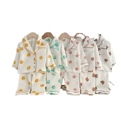 Autumn  Baby Clothes Boys Girls Muslin Pajamas Korean Long Sleeve Cartoon Cardigan and Pants Kids Cotton Sleepwear