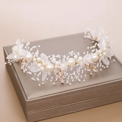 New Design Korean Style Hair Accessories Handmade Woven Golden Leaf Flower Pearl Headband for Wedding Bridal