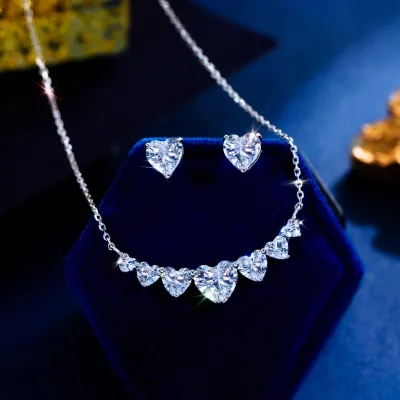 Luxury Heart Cut Zircon Jewelry Set S925 Silver Heart Necklace Earring Set for Ladies Wedding Party Accessories Gift Jewelry
