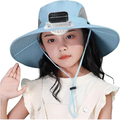 Solar Power Fan Polyester Flat Brim UV Protection Foldable Mesh Buckle Closure Bucket Gardening Outdoor Hiking Fishing Cap for