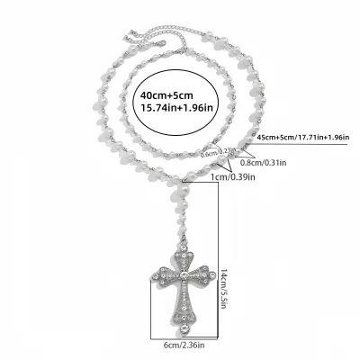 Punk Hip-Hop Cross Necklace Multi-Layered Collarbone Chain with Imitation Pearl Stainless Steel Jewelry
