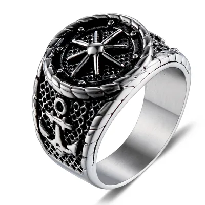 Men Silver Finger Rings Hot Sale Unique Metal Captain's Compass Ring Anchor Silver Finger Rings