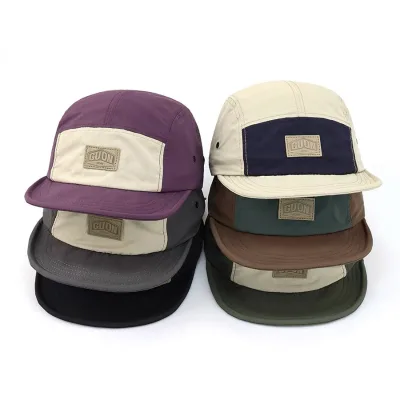 Custom Leather Label logo Polyester Ripstop Grid Short Softbrim 5 Panel Camp Cap Hat for Camping Climb