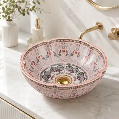 Matt Pink Ceramic Art Basin Luxury Floral Hand Painted Countertop Bathroom Sink for Boutique Hotel & Home Decor