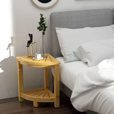Bamboo Corner Shower Stool, Waterproof Bath Bench Seat Storage Shelf for Bathroom, Small Corner Table Step Stools