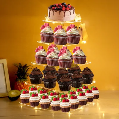 Multi-layer Cake Stand Dessert Display Rack Acrylic Cupcake Stand with LED Light for Wedding and Birthday Party
