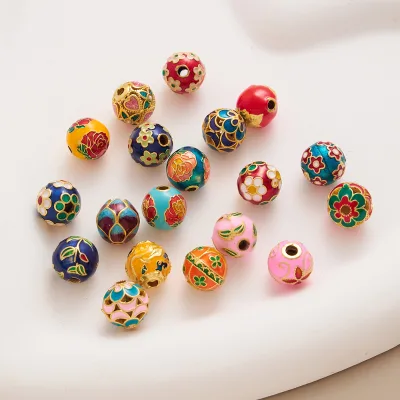 Traditional Outer 10mm Gold Enamel Cloisonne Blue-glazed Oil-dipped 2mm Hole Round Spacer Beads for Jewelry Making