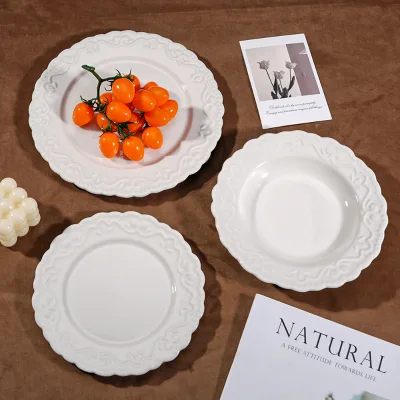 Embossed Flower Design with Lotus Edge Porcelain Plate Pure White Dinnerware Set Europe Style Eco-Friendly Customized for Hotels