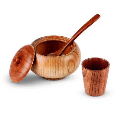 KingGear Eco-friendly Sour Jujube Wood Cutlery Custom Logo Salad Bowl Set with Cup Spoon KG7341
