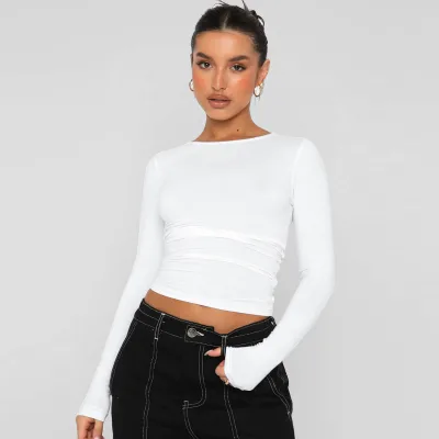 Women's Y2K Long Sleeve Crop Top Breathable Nylon Solid Color Slim Fit T-Shirt