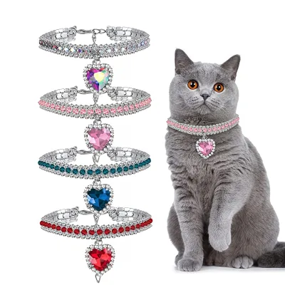 Rhinestone Cat & Dog Heart Pendant Necklace Pet Accessories