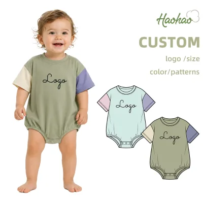 Custom Logo OEM Low MOQ Unisex Newborn Romper Color Block Raglan Sleeve Short Sleeve Infant Baby Bodysuit