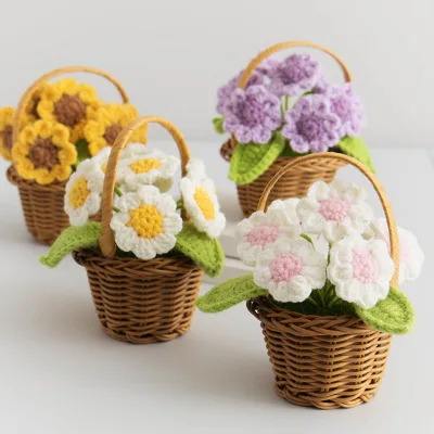 Handmade Crocheted Sunflower Mini Basket Artificial Flower Plant Ornament Holiday Gift