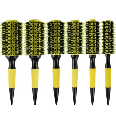 Round Yellow Hair Brush with Wooden Handle and Aluminum Tube for Easy Detangling and Quick Drying