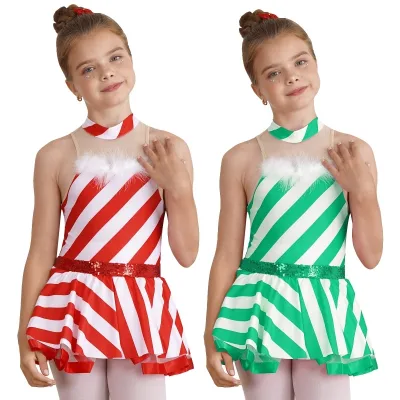 4-16 Kids Girls Christmas Costumes Mock Neck Sleeveless Striped Print Dress Designs Dresses Child Casual