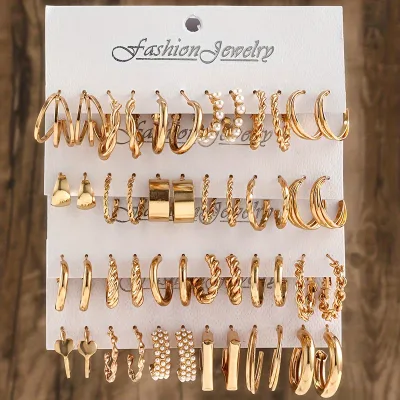 2026083103 Stainless Steel Pins Electroplated Cubic Geometric C-shaped High-end Exaggerated Hoop Earrings Set for Women