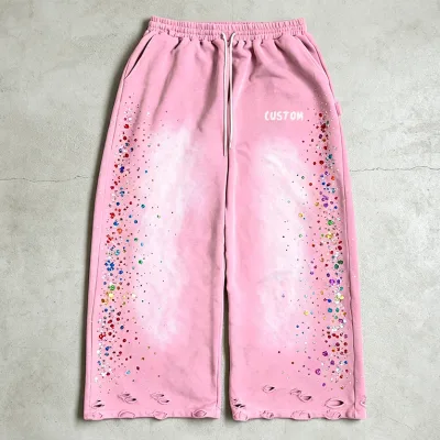 Custom 100% Cotton Heavyweight Vintage Acid Wash Jogging Pants Distressed Raw Hem Oversized Stacked Baggy Rhinestone Sweatpants