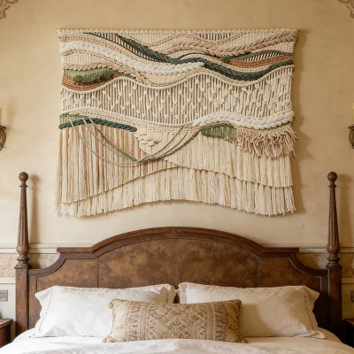 Commercial Grade Layered Wave Textile Sculpture Boho Macrame Decor for Luxury Manor Hotel Bedrooms & Suites