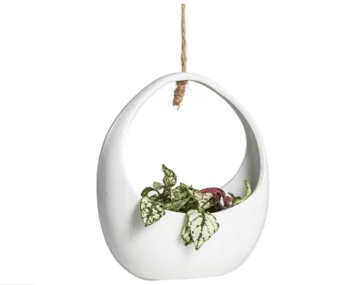 Round White Hanging Ceramic Planter Modern Vintage Indoor Outdoor Vertical Garden Wall Decor Flower Pot Cute Decorative
