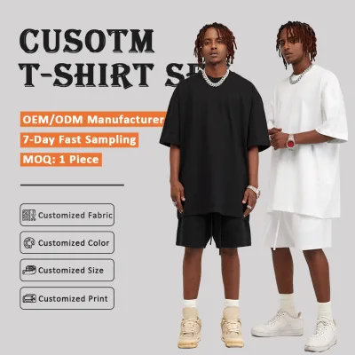 Low MOQ Wholesale High Quality Casual Heavyweight Cotton Oversize Suit 2 Piece Suit Custom Unisex T Shirt Shorts Set