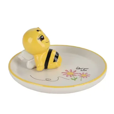 Yellow 3D Bee Round Trinket Dish, Ceramic Ring Dish