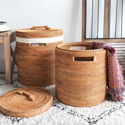 Hot Selling Eco-friendly Durable High Quality Round Bathroom Dirty Clothes Organizer Rattan Laundry Basket
