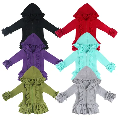 children boutique clothes wholesale customize baby girls clothing solid color coat toddler girls ruffle hoodie