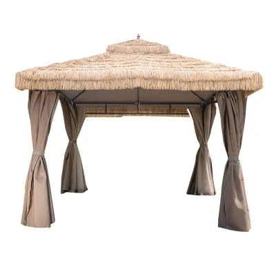 Factory Price Double Top Aluminum Steel Gazebo Outdoor Waterproof Thatch Canopy Courtyard Garden Straw Tent