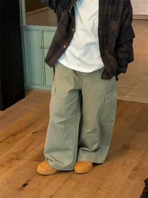Autumn New Children's Japanese American Vintage Pocket Overalls for Boys Girls Old Washed Casual Pants