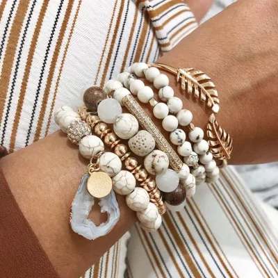 Boho Gemstone Druzy Natural Crystal Bracelets Raw Quartz Geode Astriaea Larvikite Stacking Beaded Bracelet Women