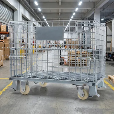 OEM Galvanized Wire Mesh Storage Cage Container With Gable Roof Half Drop Gate Sliding Lock ID Plate Stack Feet Custom Size