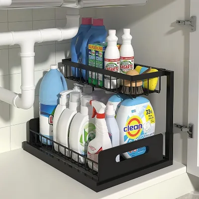 2-Tier Metal Pull-Out Under Sink Storage Shelves with Sliding Drawer Track Kitchen Bathroom Cabinet Organizers for Spice Storage
