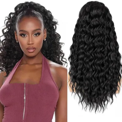 African Deep Wavy Synthetic High Temperature Fiber Long Curly Ponytail Natural Drawstring 18-inch Extension in Stock