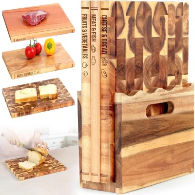 Wood Chopping Board Set of 3 with Holder, Classified Kitchen Prep Boards for Household Raw Cooked Food Separation