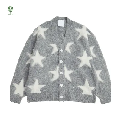 Wholesale Custom Loose Shaggy Fluff Star Knitwear Unisex Varisty Intarsia Jacquard Fleece Mohair Knit Cardigan Women'S Sweater