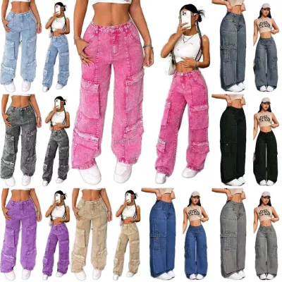 Wholesale Brand New High Waist Women's Jeans Plus Size Wide Leg Cargo Pants Multi-pocket Boyfriend Baggy Denim Trousers