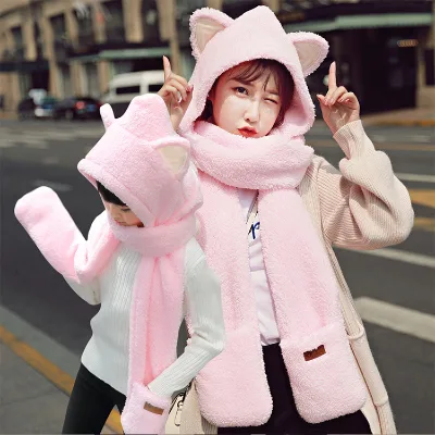 A1743 Cute Sweet Girls Scarf Glove Hat Suits Fleece Winter Women Children Cap Ear Cycling Kids Hats Gloves Scarf Sets