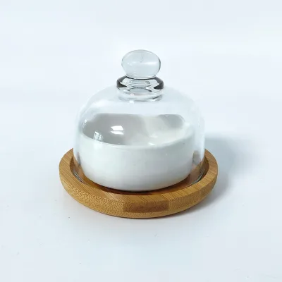 OEM Available Transparent Small Butter Keeper Thickened Bamboo Cheese Dish with Ceramic Bowl for Desser Candy