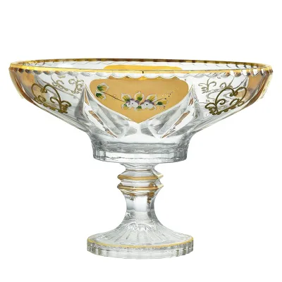 Hot Selling Elegant Crystal Glass Fruit Platter Gold Enamel Glass Plate with Stand Foot