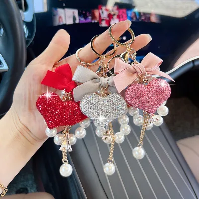 Crystal Rhinestone Heart Keychain Bling for Women Bow Cute Car Tassel Pearls Perfume Bottle Keychain Accessories Girl Bag Charms
