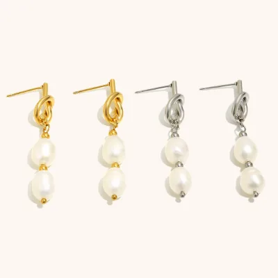 European and American Niche Design Temperament Stainless Steel Plated with 18K Knotted Coils Freshwater Pearl Earrings for Women