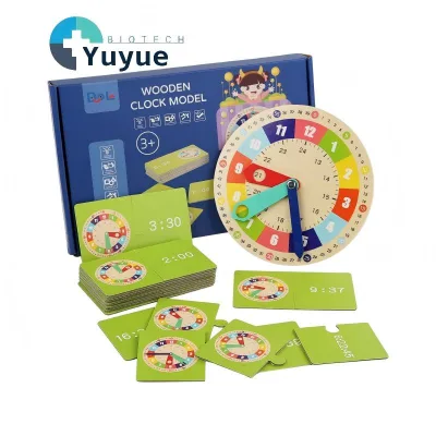 Wooden Kids Clock Learning Toy Educational Time Teaching Set with Matching Cards