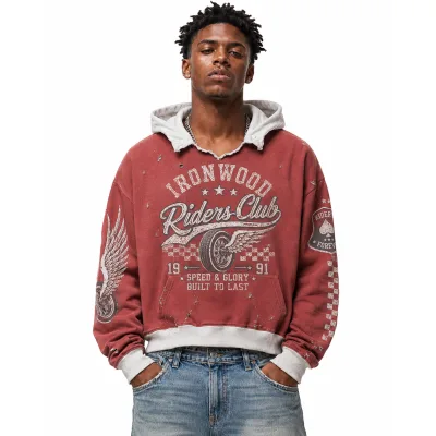 Streetwear Clothes Manufacturer Custom Slit Neck Hoodies Pullover Herren Y2K Aicd Washed DTG Print Boxy Cropped Hoodies Hombre