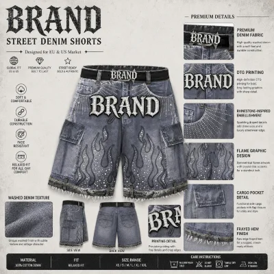Manufacturer Custom Double Knee Distressed Vintage Acid Wash Baggy Rhinestone Jorts Denim Jeans Shorts for Men