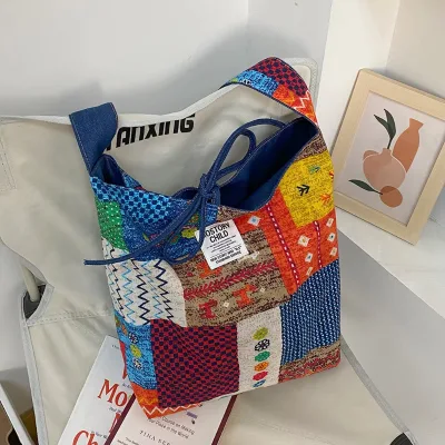 Bohemian Fashion Single Shoulder Crossbody Bag New Summer Reversible Denim National Patchwork Embroidery Double-Sided Portable